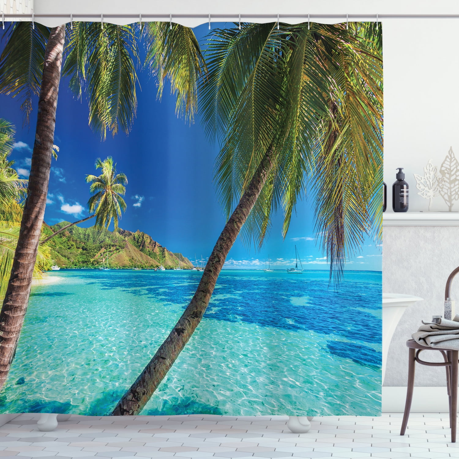 Cloth Fabric Bathroom Decor Set with Hooks Window to The Exotic Beach Hawaiian Landscape Pastoral Composition with Palm Trees Ambesonne Tropical Shower Curtain 75 Inches Long Aqua Green 