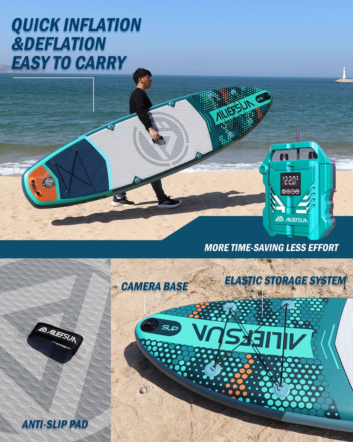 Electric Pump Azure Mist  11'6"*35"*6" Ailiefsun Stand Up Paddle Board Inflatable Stable Sup Board with Fishing Paddleboards Accessories for Adults Youth Wide Non-Slip Deck Surfboard
