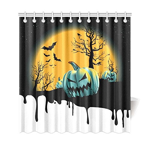 gckg full moon night wooden tree shower curtain halloween pumpkin polyester fabric shower curtain bathroom sets with hooks 66x72 inches