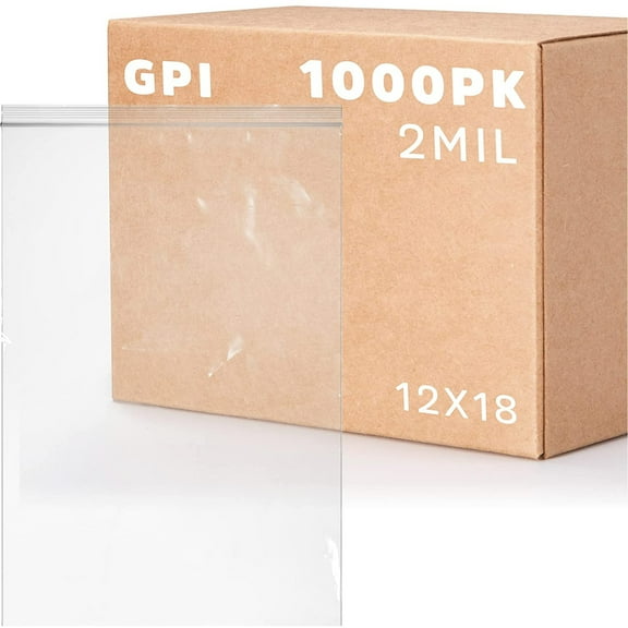 GPI - CASE of 1000 12" x 18" CLEAR PLASTIC RECLOSABLE ZIP BAGS - LARGE, Bulk 2 mil Thick Strong & Durable Poly Bagies with Resealable Zip Top Lock for Travel, Storage, Packaging & Shipping.