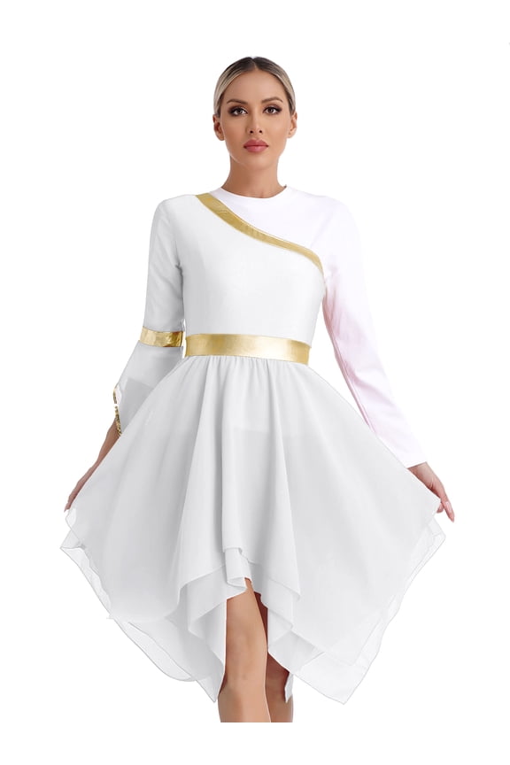 Women's Liturgical Praise Dance Dress One Shoulder Irregular Hem Dresses Worship Dance Tunic White XXL