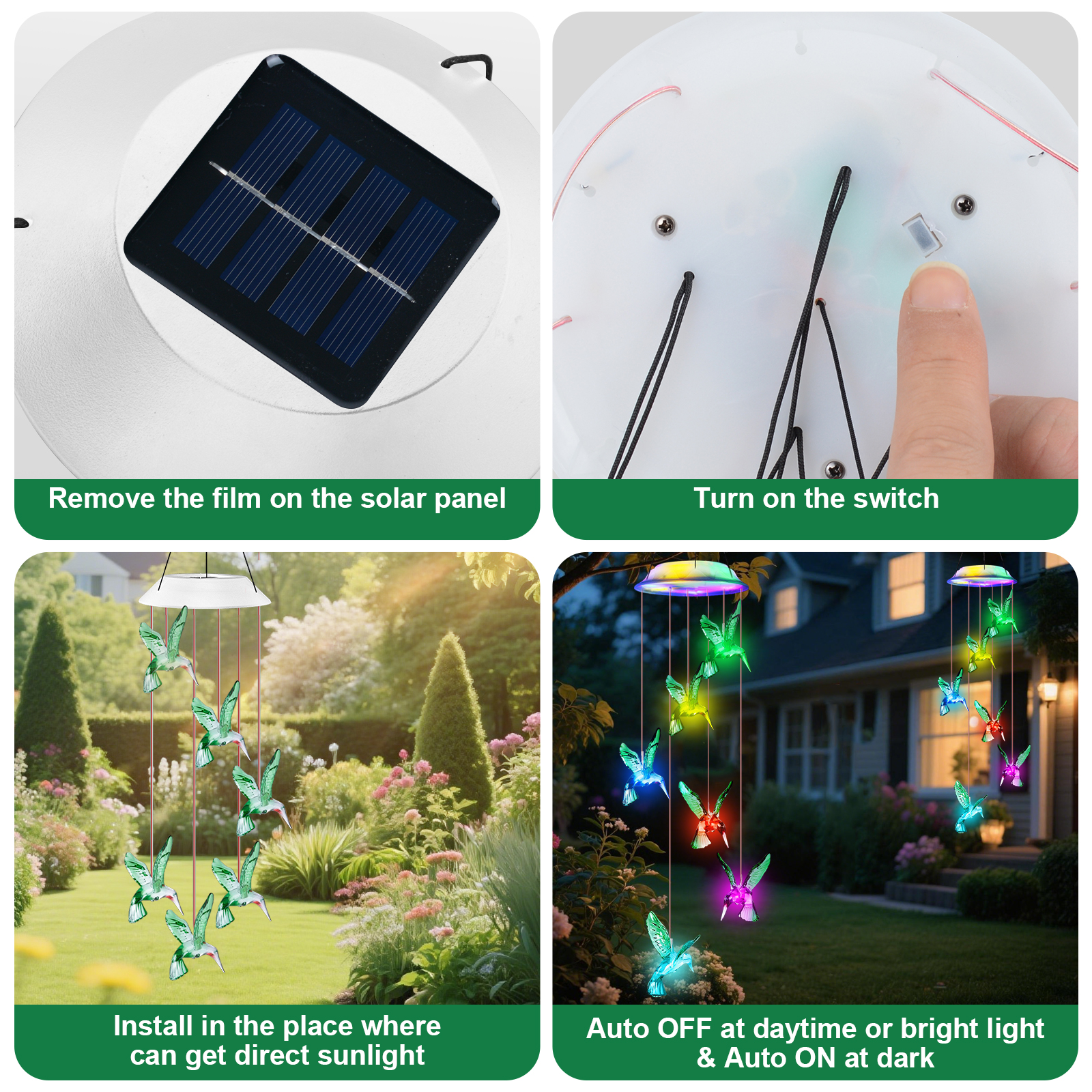 Qoosea Solar Hummingbird Wind Chimes LED Changing photo 3