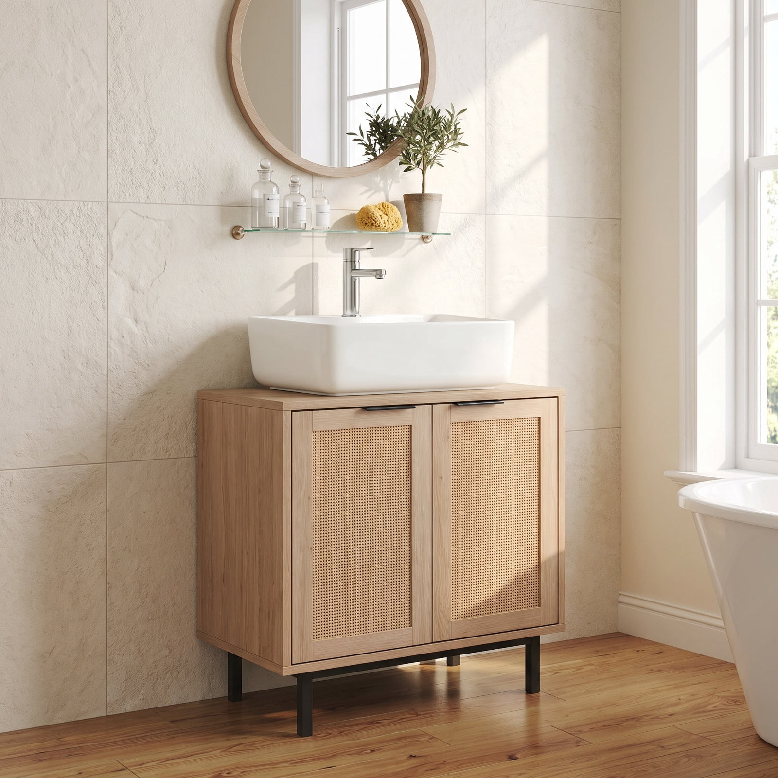 Vebreda Freestanding Bathroom Storage Cabinet, Bathroom Vanity Cabinet with U-Shaped Cut-Out 2 Rattan Doors and Shelf, Hidden Sink Organizer