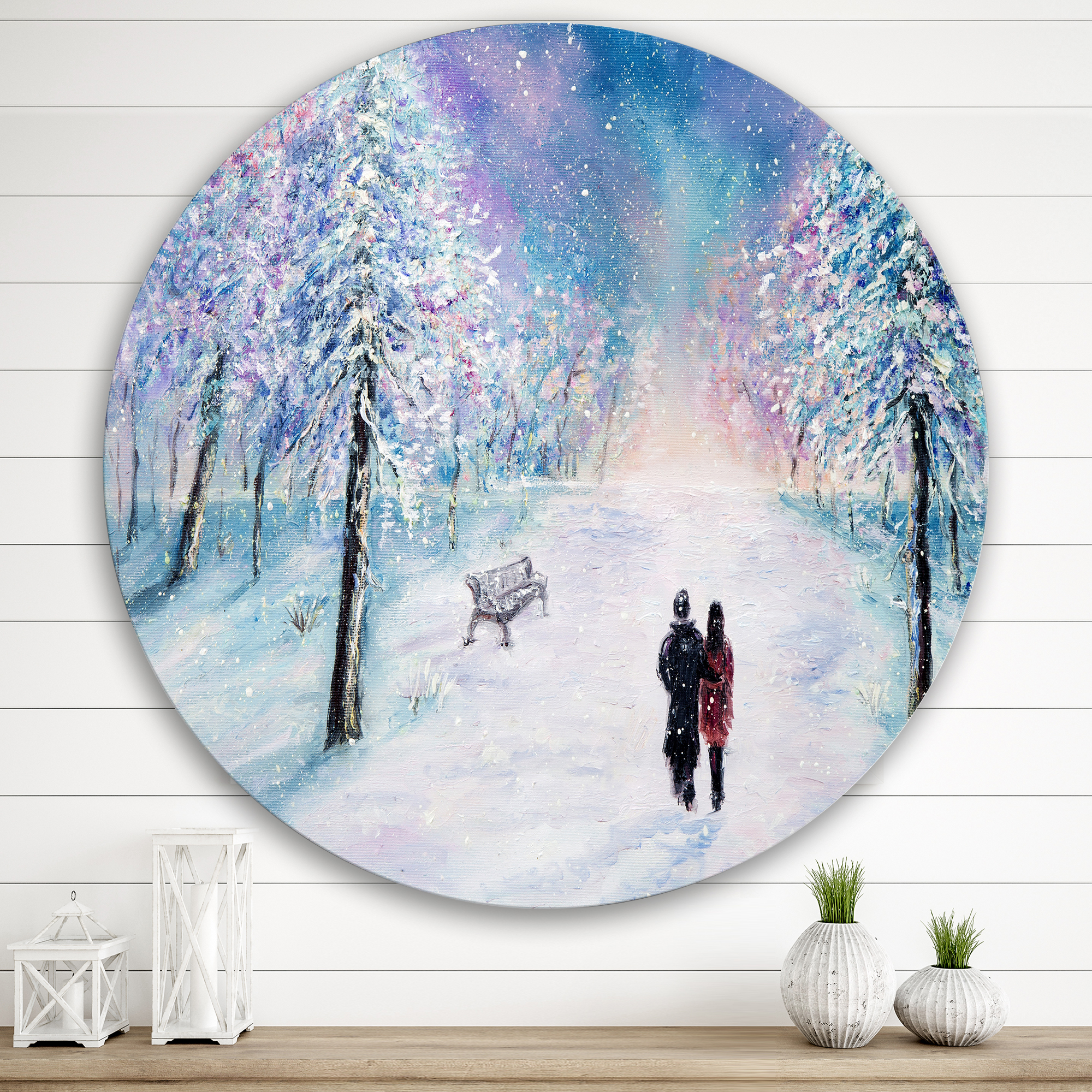 Designart 'Couple In Love Walks During Snowy Winter Times' Traditional Circle Metal Wall Art 29x29 - Disc of 29