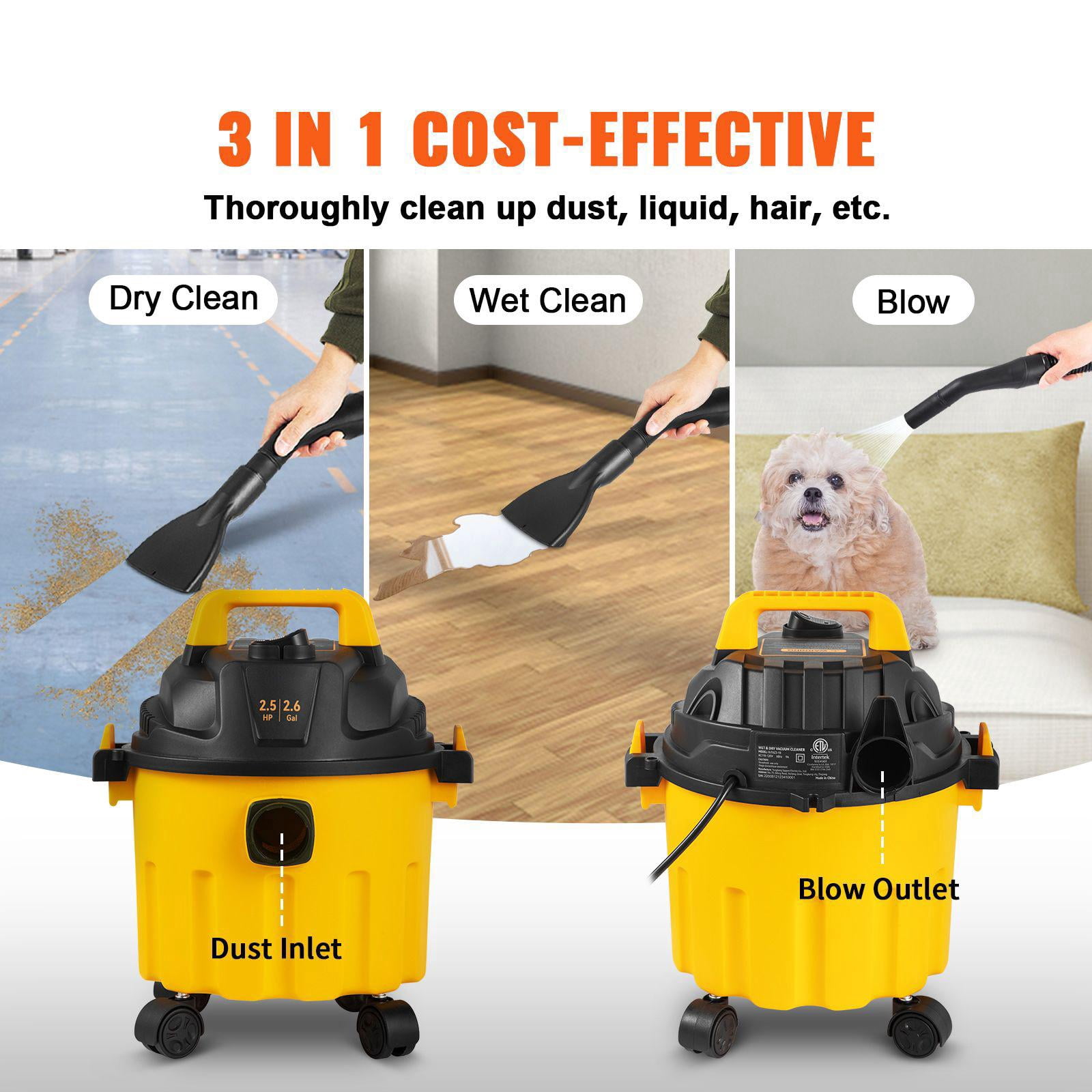 2.6 Gallon 2.5 Peak HP 3 in 1 Portable Wet Dry Shop Vacuum with Blowing Function and Attachments Storage for Floor Upholstery Gap Car Cleaning Black Yellow ETL Listed