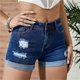 thumbnail image 5 of Pantalones cortos vaqueros elásticos de cintura alta con agujeros - Pantalones cortos para chica, informales, 5 of 6