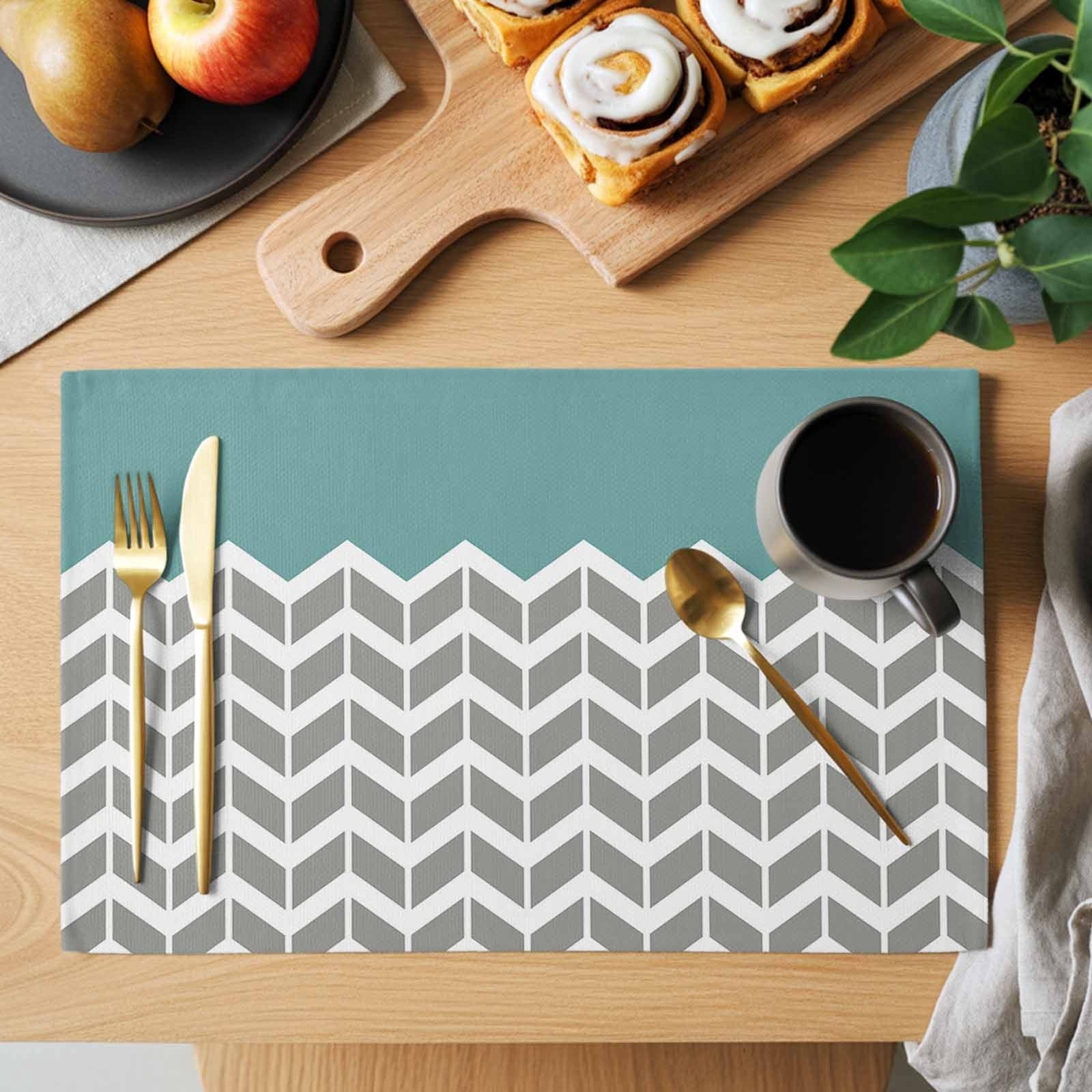 Placemat Set of 4 Herringbone Pattern Placemats for Dining Table Vintage Turquoise Grey Washable Table Mats for Kitchen and Party Decor Indoor & Outdoor Use