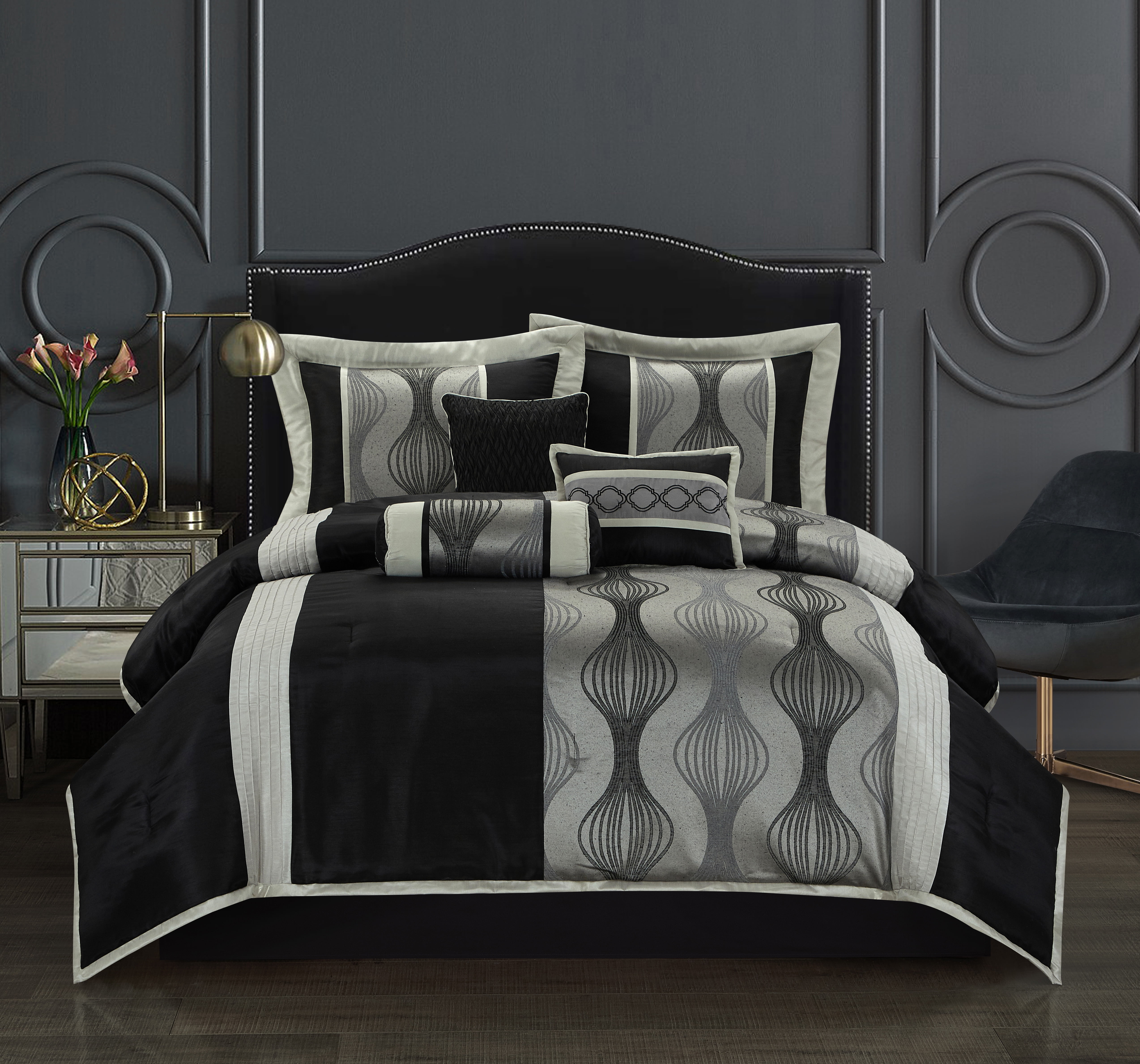 Buy Lanco Moderna Geometric 7Piece Bedding Comforter Set, Black Silver