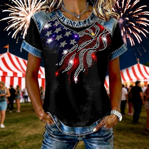 Lkhaha 250th Anniversary Patriotic T Shirts for Women 4th of July Denim Collar Short Sleeve Casual Crew Neck Glitter Sequin Loose Fit Tops Black L