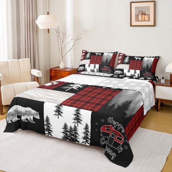 Homewish Jungle Wildlife Bear Twin Sheet Sets,Happy Camping Twin Fitted Sheet,Cute Bear Paws Flat Sheet For Boys Kids,Super Cozy Room Decor,3-Piece
