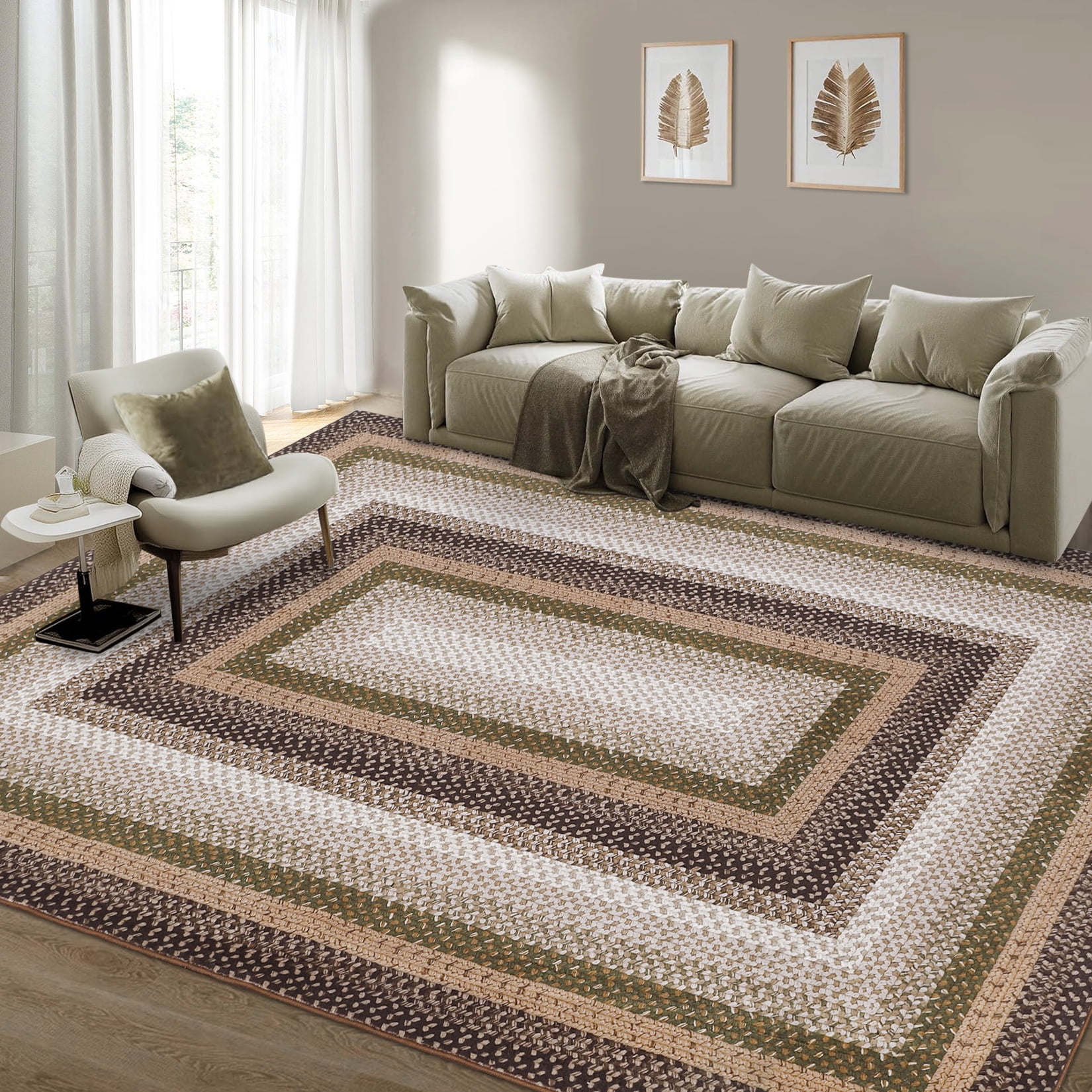HOMERRY Area Rug 3' x 5' Rugs for Living Room Modern Washable Indoor Braided Print Border Carpet, Brown/Green