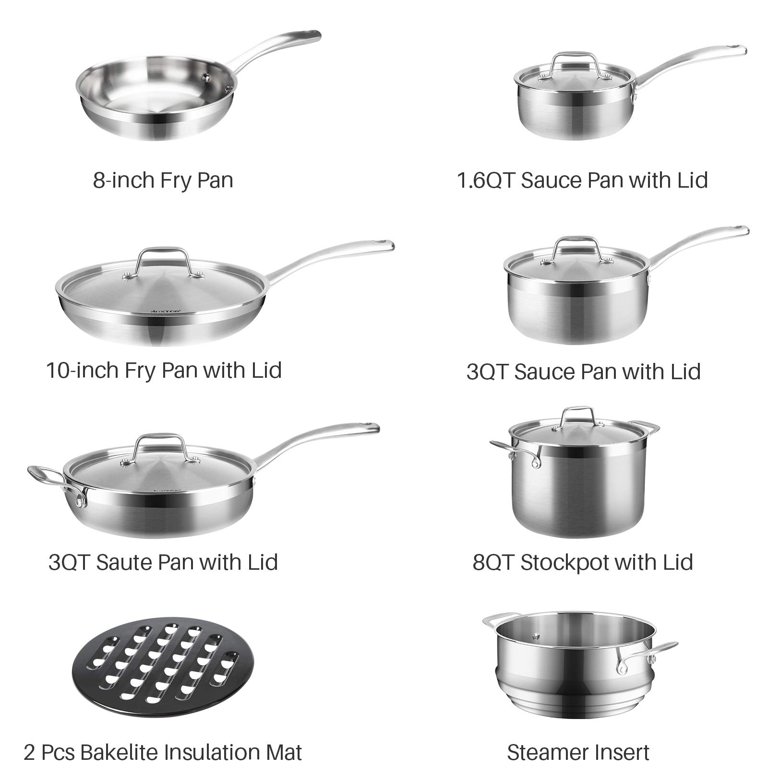 Whole-Clad Tri-Ply Stainless Steel Induction Cookware Set, 14PC