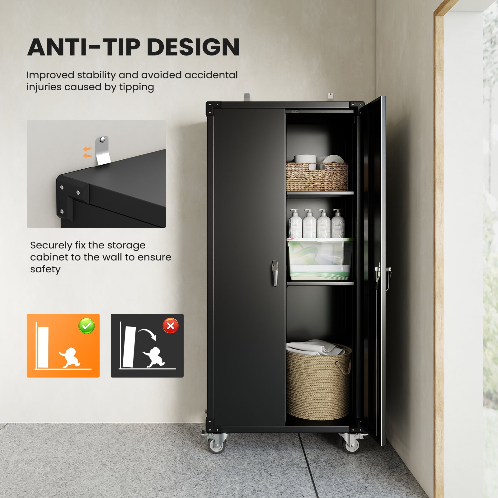 MCQ Metal Broom Storage Cabinet with Lock, Rolling Cleaning Tool Organizer for Mop, Dustpan, Garage, Laundry Room, 4 Lockable Casters, Easy Assembly