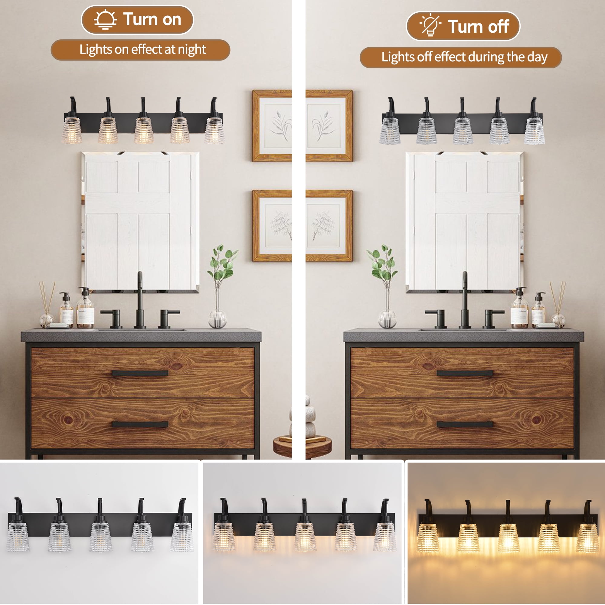 5-Light Matte Black Vanity Light, Large Modern Farmhouse Bathroom Light Fixture with Clear Rippled Glass Shades, 36.61 Inch