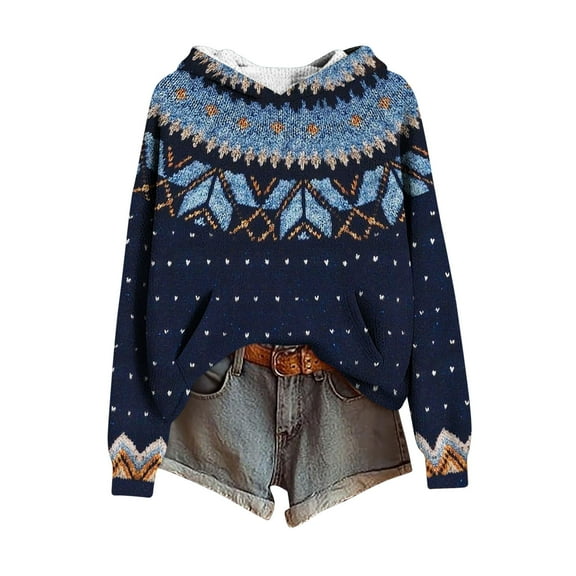 Womens Oversized Sweater Hoodie Western Ethnic Print Knit Pullover Loose Winter Tops Pocket Casual Boho Sweaters (XL, Navy 03)