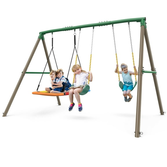 KloKick 600lbs Heavy Duty Swing Set – A-Frame Metal Swing Set with Platform Swing & 2 Belt Swings for Backyard (Green)