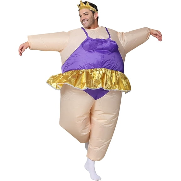 Inflatable Ballerina Costume for Adults, Funny Blow‑up Purple Ballet Dancer Suit with Golden Crown for Halloween Cosplay Party