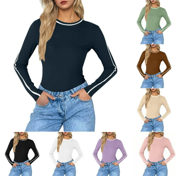 qolati Womens Long Sleeve Shirts Slim Fitted Crewneck Color Block Basic Tshirt Fall Casual Striped Tee Tunics Tops Y2k Trendy Workout Clothes Brown L
