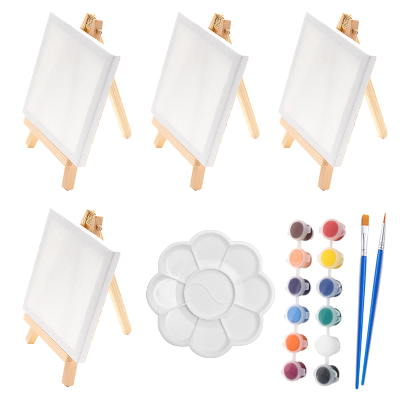 12 Set Mini Canvas Easel Paint Pallet Set Include 12 Pcs 4 x 4 Inch  Canvases and Easels 12 Pcs Painting Plate and Brush Washable Kids Paint Set  for