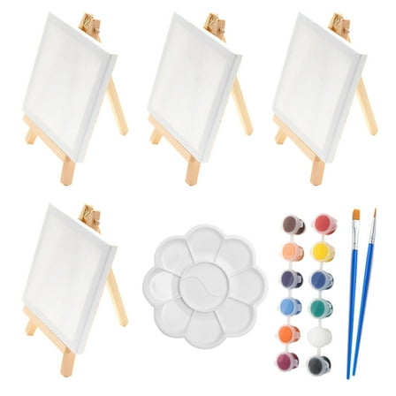 Mini Wood Easel and Painting Canvas Set Acrylic Drawing Paint Kit 12 Colors Acrylic Paint for Kids Birthday Party