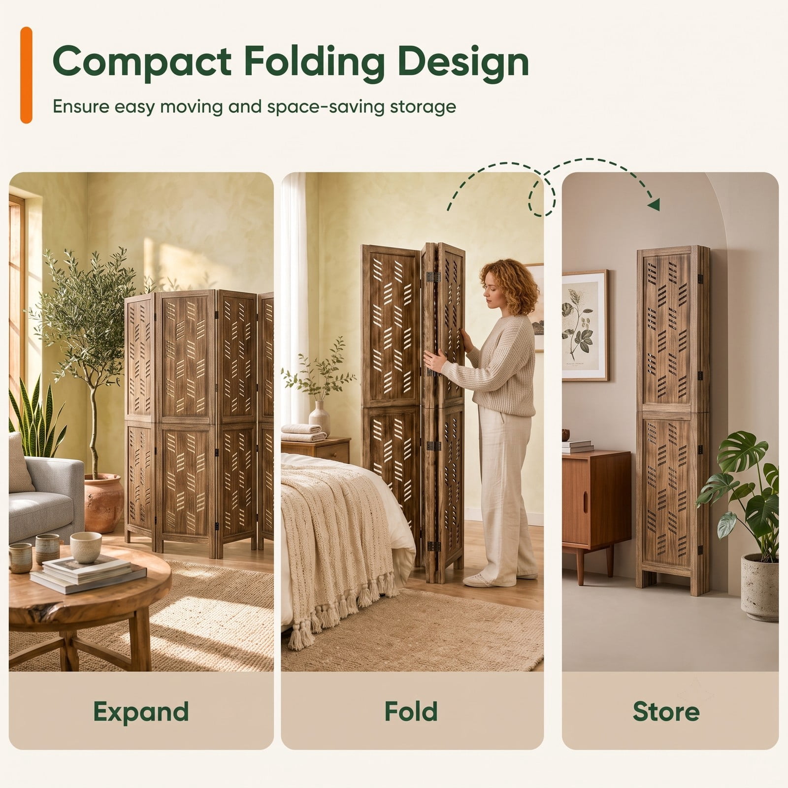 ALPULON 4-Panel Room Divider 5.5 FT Tall Folding Privacy Screen with Wave Cutout and Paulownia Wood Frame for Living Room Bedroom Office, Brown White