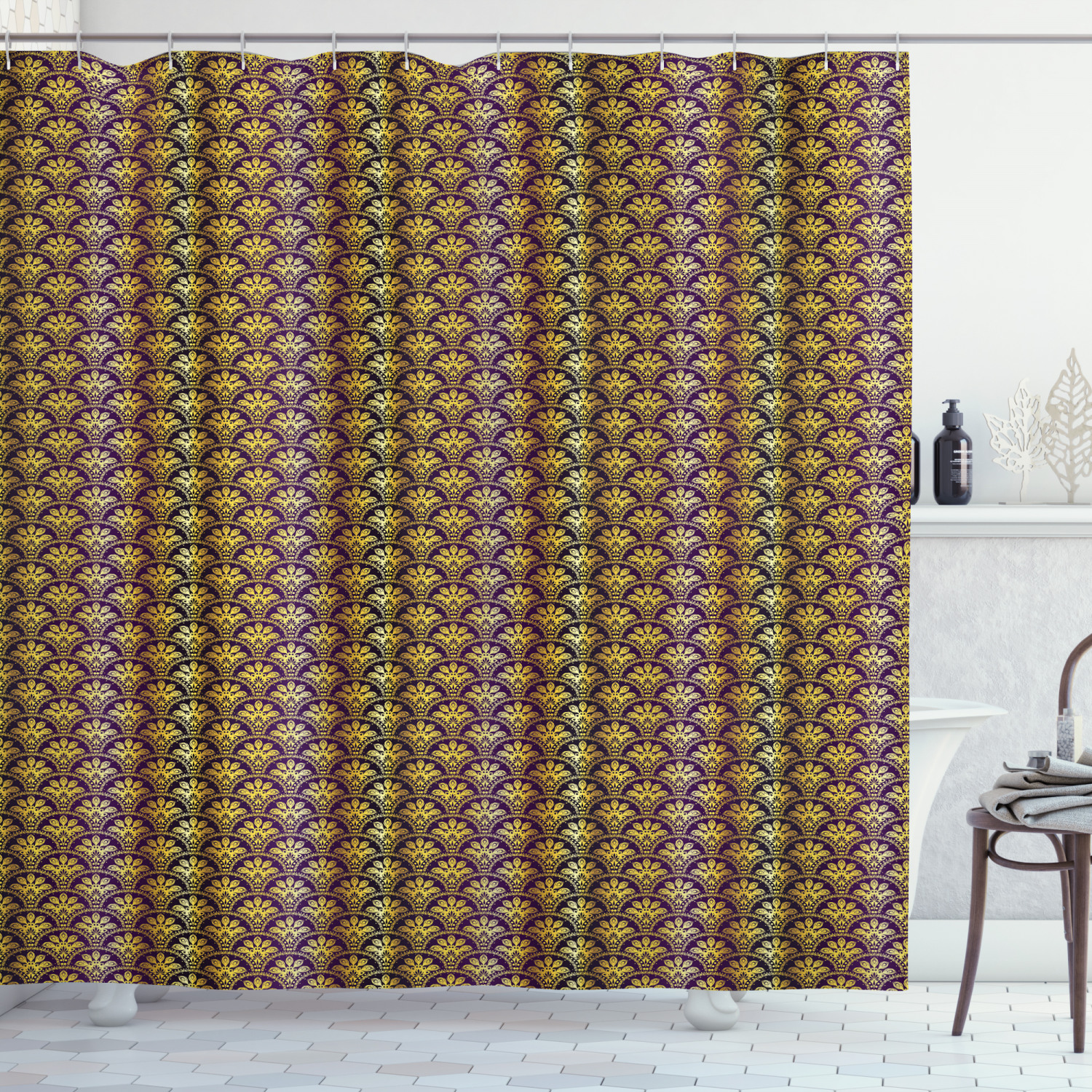 Yellow Damask Shower Curtain, Fish Scale Style Traditional Eastern