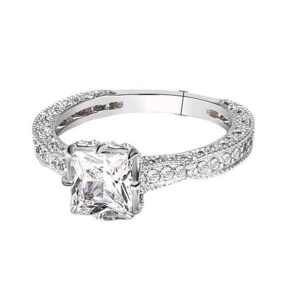 HeartsAndYou 2ct Princess Cut Moissanite Engagement Ring for Women 18k White Gold over Silver Antique Inspired Vintage Inspired