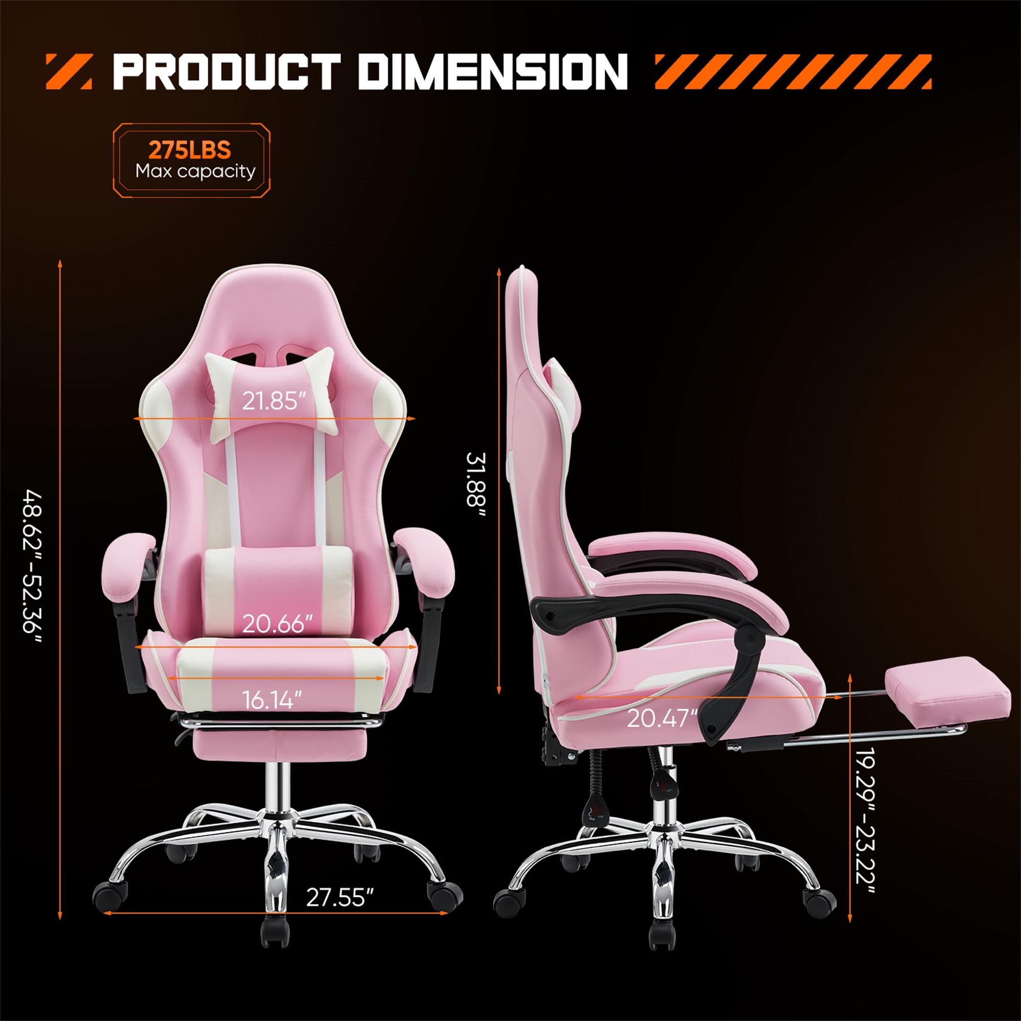 Aukfa Video Game Chair with Footrest, Racing Style Gamer Chair w/ Lumbar Support for Adults, Pink