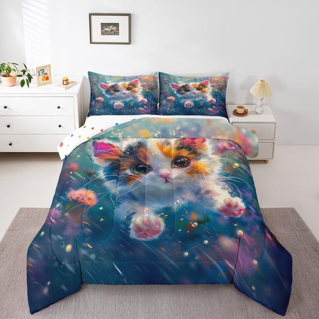 Erosebridal Literie Anime Chat Ensemble de Couette Full, Couette Chaton, Décoration Florale Fleur de Rêve, Réversible 3 Pcs