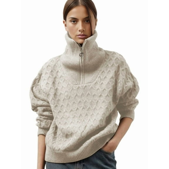 Women'S Sweaters Fall Winter Quarter Zip Casual Diamond Knit Pullover Apricot L