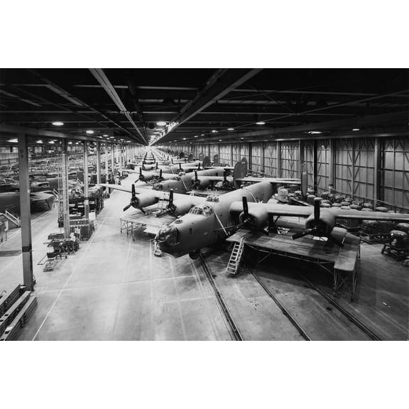 24x36 gallery poster, B-24 Liberator Bombers under construction at Willow Run plant
