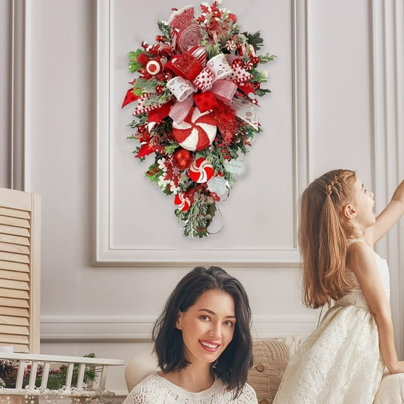 AZXY Christmas Wreath Clearance,Christmas Swags and Garlands,Teardrop Wreaths for Front Door with Bow,Hanging Wall Decorations for Home Indoor Window Fireplaces