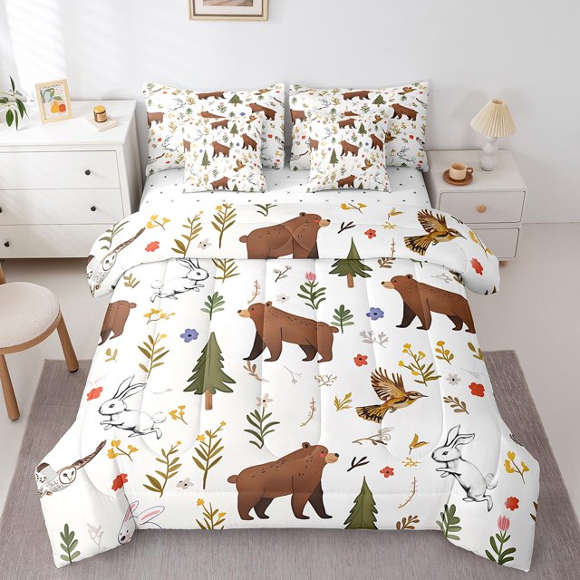 Erosebridal Brown Bear Bedding Twin Size, Rabbit Bird Bed in a Bag Twin size, Botanical Decor, Reversible 7-Piece