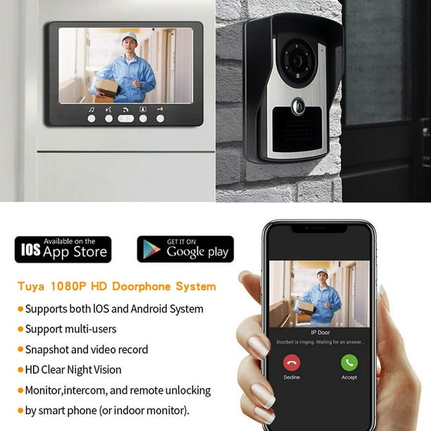 Système d'interphone vidéo WiFi sans fil, sonnette vidéo intelligente 1080P pour écran tactile domestique, carte 32G, Audio bidirectionnel, application TUYA, déverrouillage, 4 fils  30