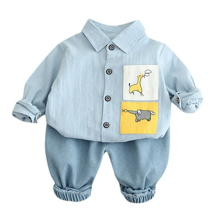 

Zlekejiko Toddler Kids Child Baby Boys Long Sleeve Cute Cartoon Animals Striped Shirt Tops Solid Jeans Pant Outfits Set 2PCS Clothes