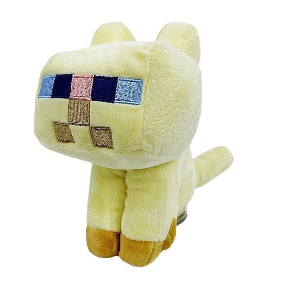 Pixel Cat Block Plush Toy - 7.9" Soft Sandbox Tamed Pet Stuffed Doll with Blue Pixel Eyes & Brown Paws - Washable Stress Relief Buddy for Gamers, Teens & Adults