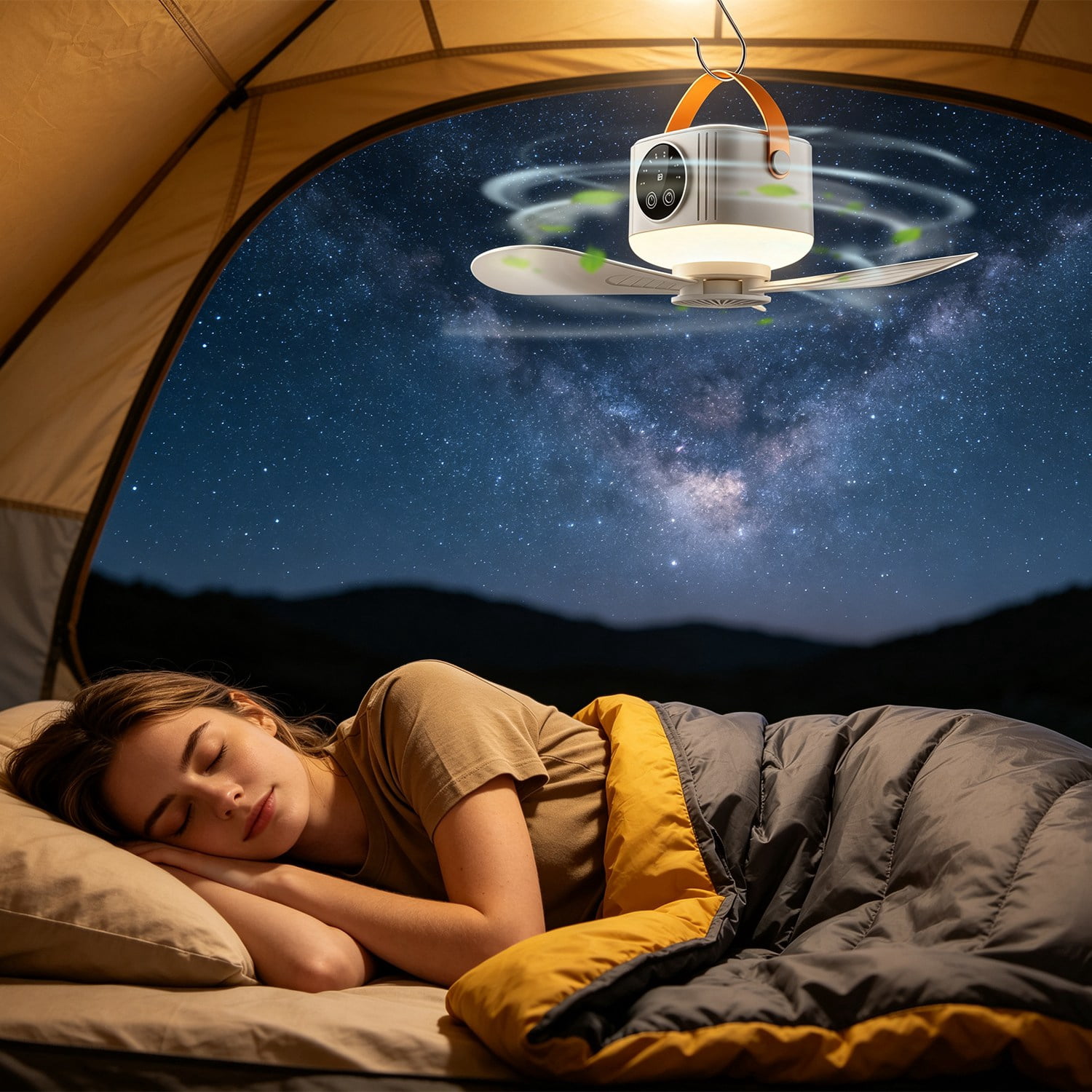 2 in 1 Camping Fan with LED Lantern Remote Control, 4 Wind Speeds 3 Light Brightness Timer Function 7200mAh Rechargeable Hanging Tent Fan