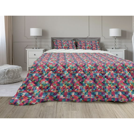 Modern Art Comforter & Sham Bedding Set, Abstract Motif with Dots with Squares and Chevron Lines Urban Art Design Print, 3 pcs Duvet Set Microfiber Filling Quilt, 5 Sizes, Multicolor, by Ambesonne