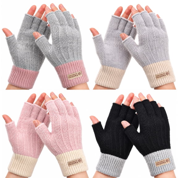 Bocaoying 4 Pairs Fingerless Gloves for Women, Winter Thermal Gloves, Warm Soft Knit Half Fingers Mittens for Ladies, Driving, Working, Typing