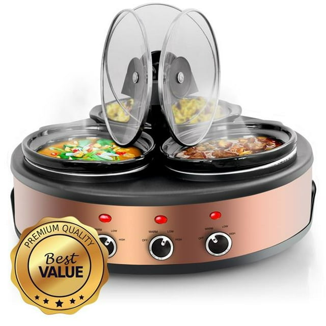 MegaChef 1.5 qt Triple Slow Cooker & Buffet Server with 3 Ceramic Cooking Pots - Brushed Copper & Black