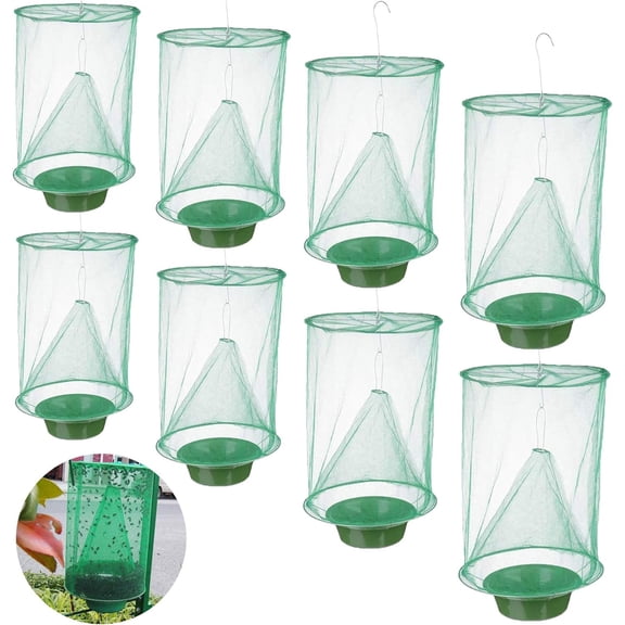 RIDWIND 8-Pack Ranch Fly Trap Reusable Hanging Fly Catcher Cage with Pots Flies Killer Control for Indoor and Outdoor, Family Farms, Park, Restaurants