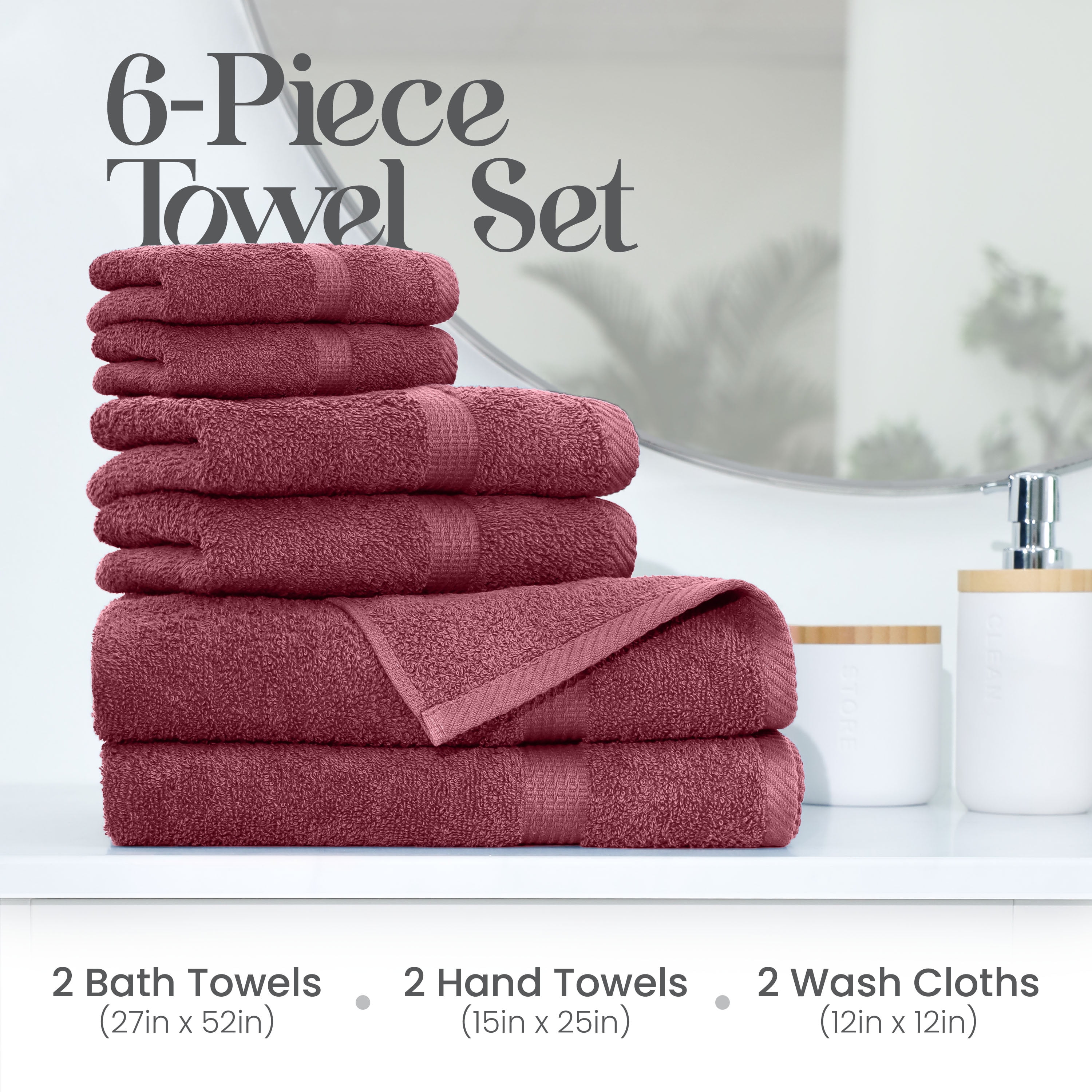 Utica 6-Piece Towel Set | 100% Cotton Soft & Absorbent Everyday Towels | Red