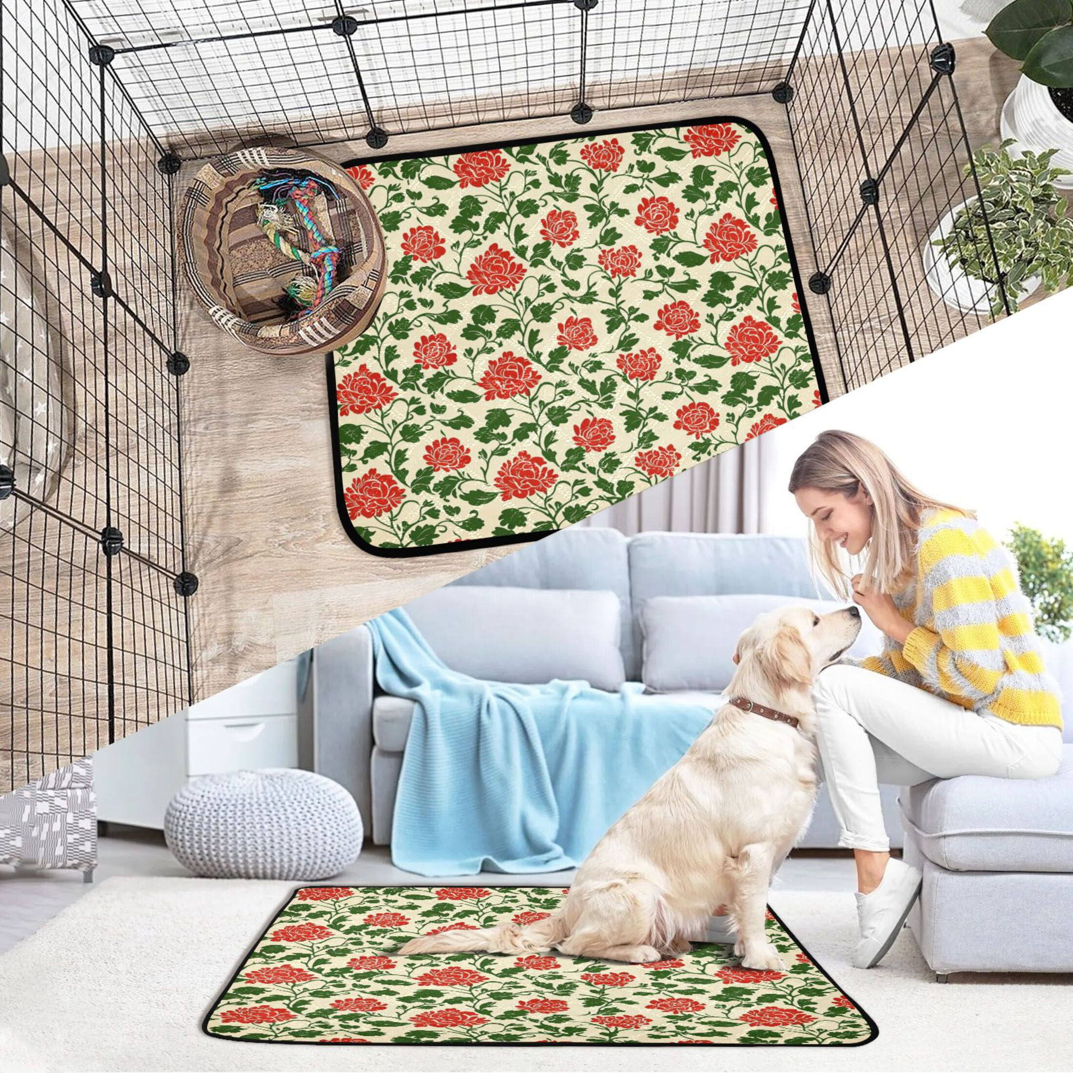 Qxltty Vintage Red Floral Pattern Cat litter Pads Pet Set of 2 Diaper Mats Center Anti-leakage Layer Absorbent Soft and Comfortable