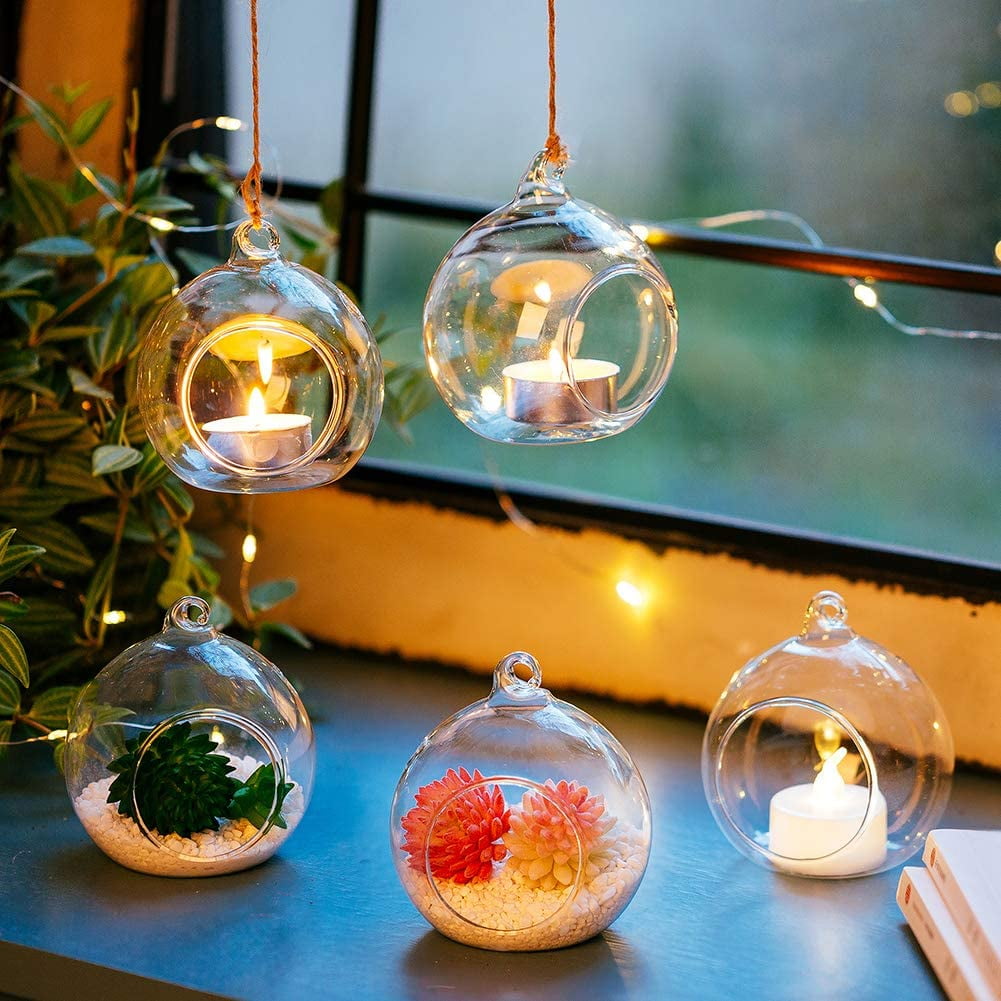 Small Plant Terrarium Globes for Bar Garden Wedding Party Decoration Glass Containers Mini Home Decor Planters Hanging Glass Tealight Holders Led Light Candleholders 18-pc Globes 