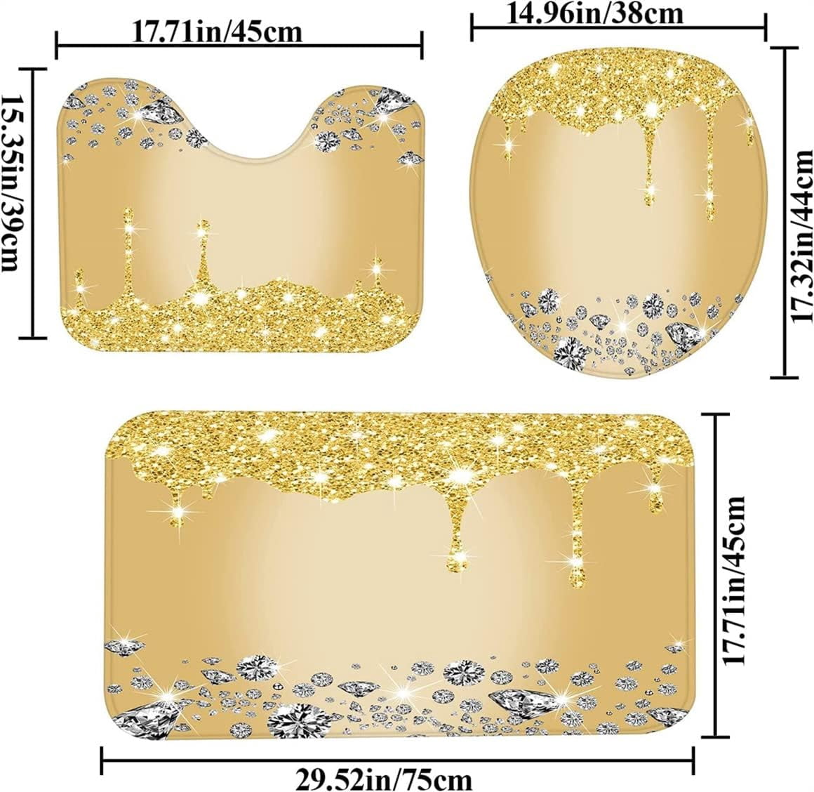 4PCS Bling Diamond Shower Curtain Set with Non-Slip Rugs Toilet Lid Cover and Bath Mat Shower Curtain with 12 Hooks Bathroom Sets with Shower Curtain and Rugs and Accessories