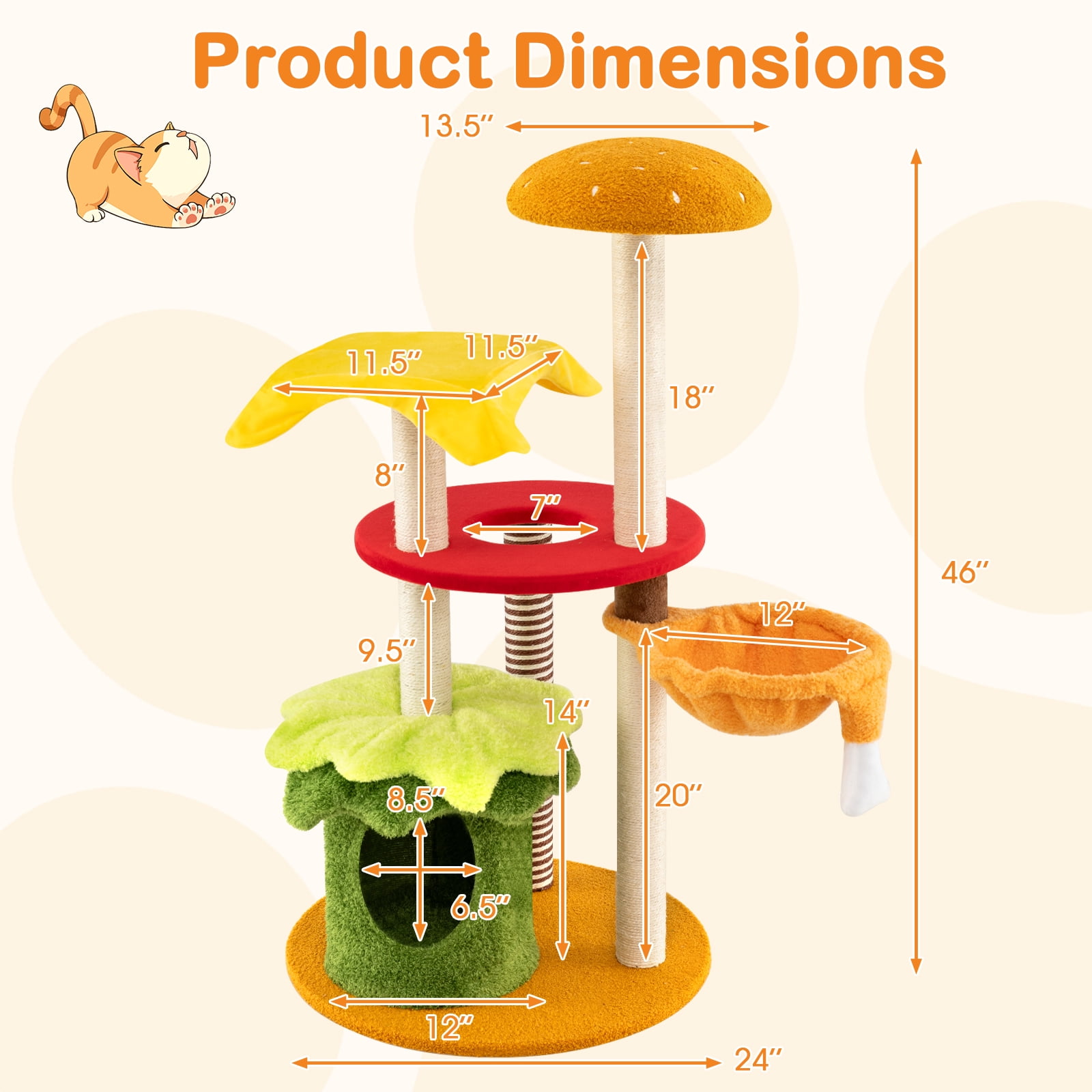 Gymax 46'' Tall Cat Tree w/Hanging Basket Bed Condo Padded Perch Sisal Scratching Posts