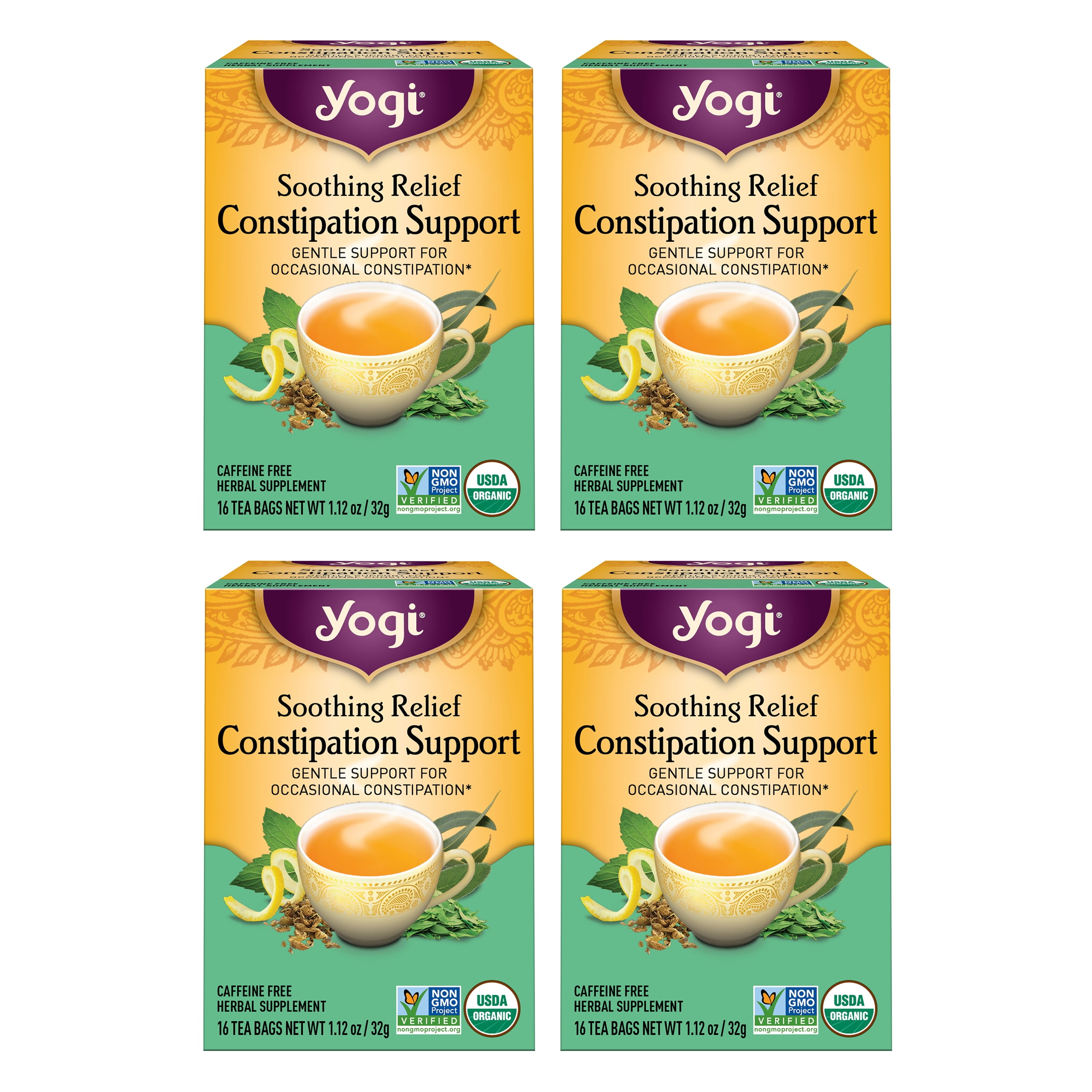 Yogi Soothing Relief Constipation Support-Organic Senna Leaf-Aids Constipation-Laxative Tea Blended with Peppermint & Sage-16 Tea Bags per pack (4 Packs)