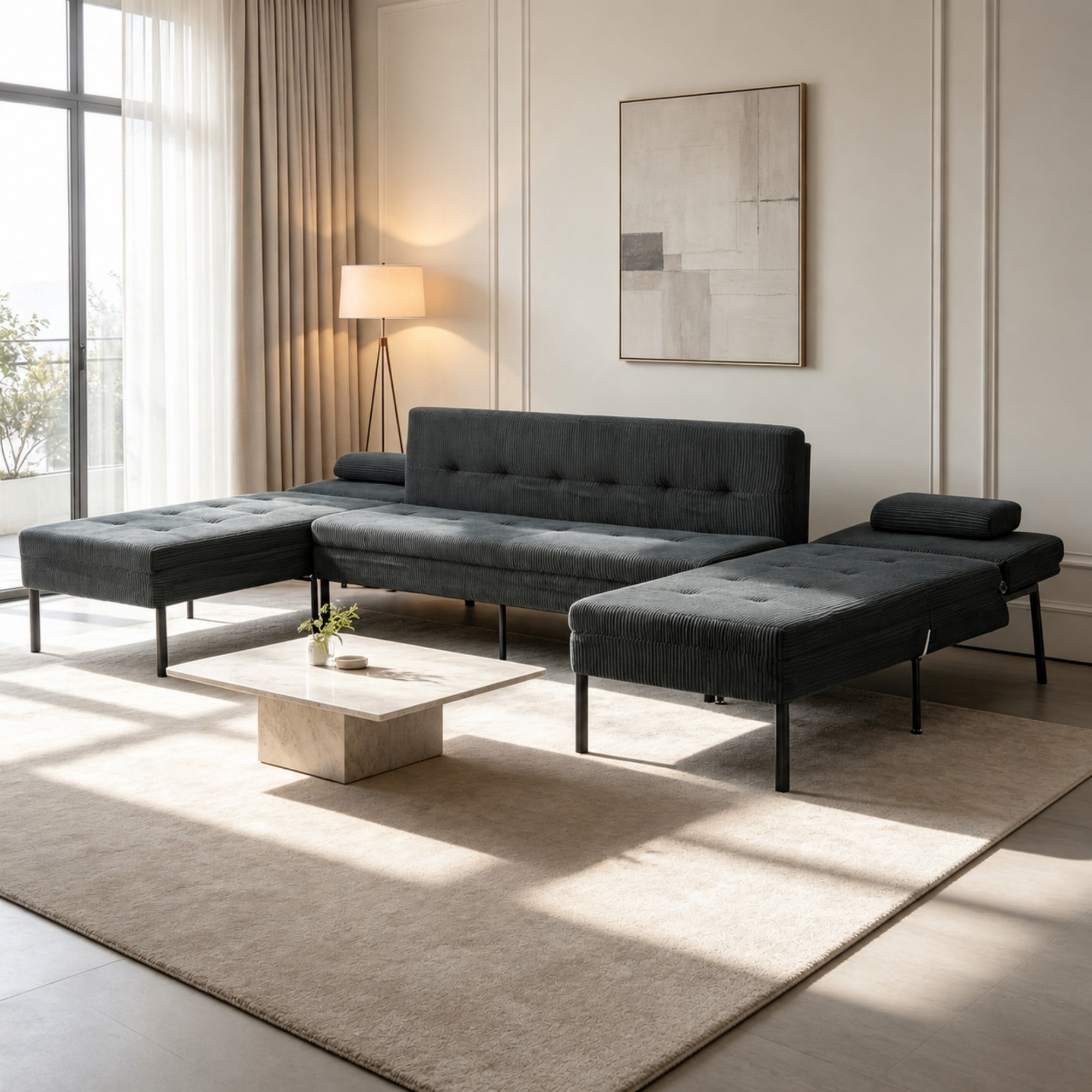 BSHTI 117.13" Soft Corduroy U-Shaped Sectional Sofa Bed with 5-Position Backrest, Comfy Couch for Living Room（Dark Gray）