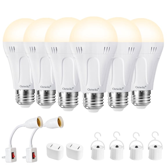 Ostwiki 6 Pack Battery Operated Light Bulb,Emergency Light Bulbs for Power Outage,A19 E26 9W 1200mAh 3000K Warm Rechargeable LED Light Bulbs for Home Lamps,Outdoor Activity,Hurricane,Blizzard,Camping