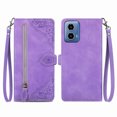 thumbnail image 2 of ELEHOLD Luxury Folio Wallet Case for Motorola Moto G Play 4G 2024, Embossed Flower Pattern 7 Card Slots Zipper Pocket Wrist Strap Kickstand Case Cover for Moto G Play 4G 2024, Purple, 2 of 7